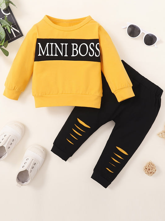 Boys' Color Block Letter Print Pullover Top and Pants Set