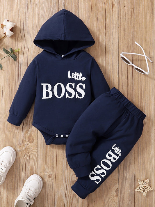 2pcs Baby Boys Clothes BOSS Hooded Bodysuit and Matching Pants Set