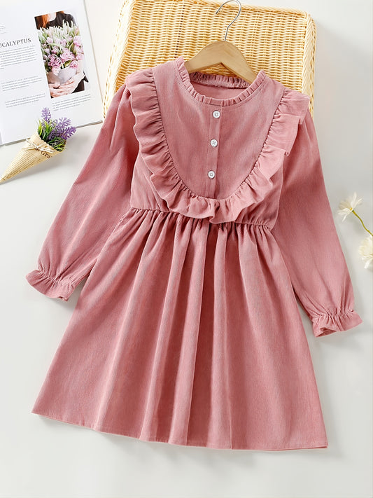 Sweet Ruffled Pink Long-Sleeved Dress for Girls