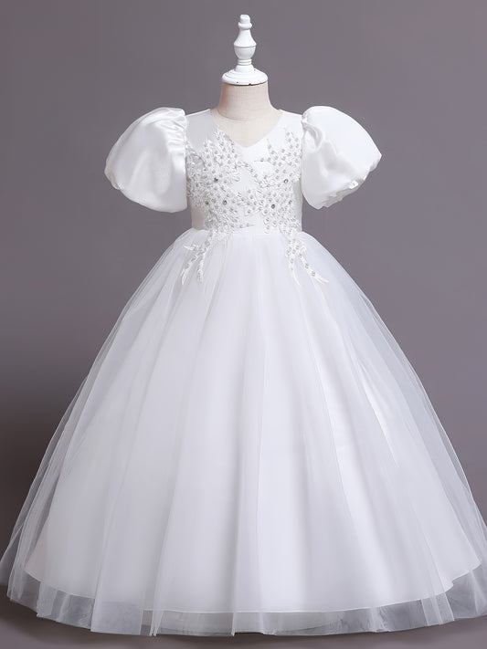 Elegant V-neck Puff Sleeve Embroidered Princess Dress