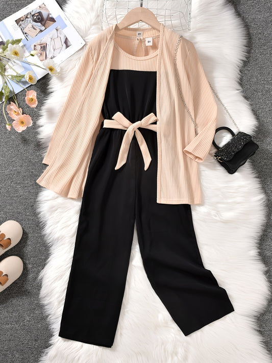 3PCS Girls Ribbed Cotton Solid Color Jumpsuit & Apricot Jacket Set