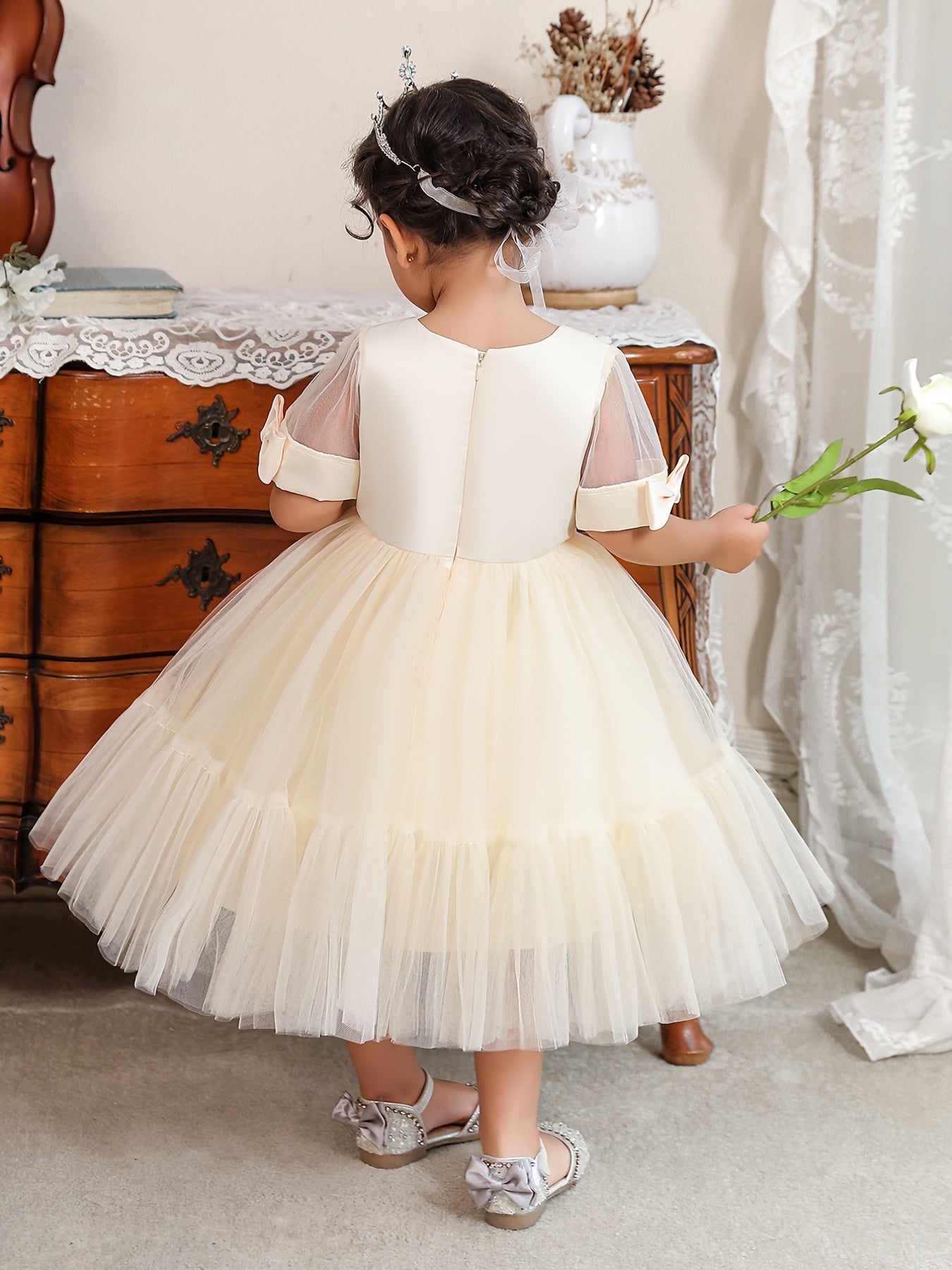 Girls Elegant Bowknot Decor Short Sleeve Mesh Princess Dress Clothes