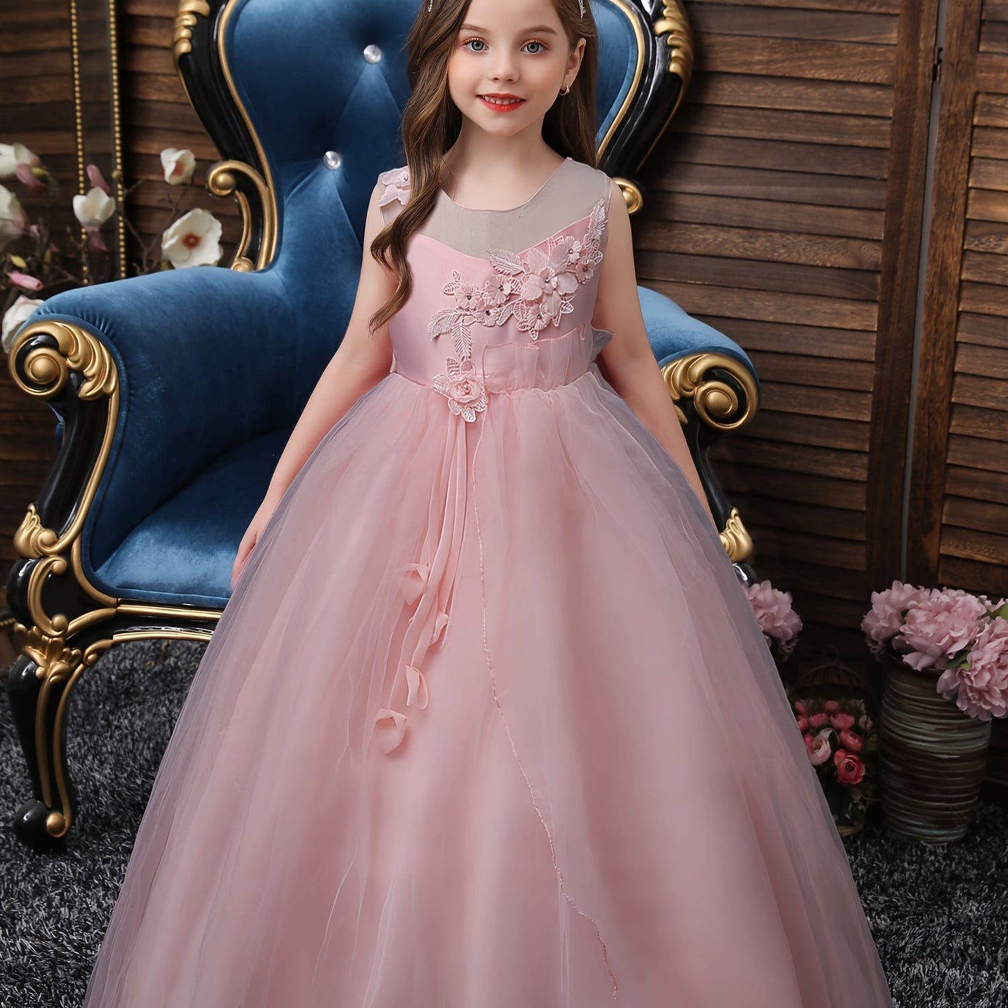 Girls Princess Sleeveless Flower Embroidery Tutu Dress