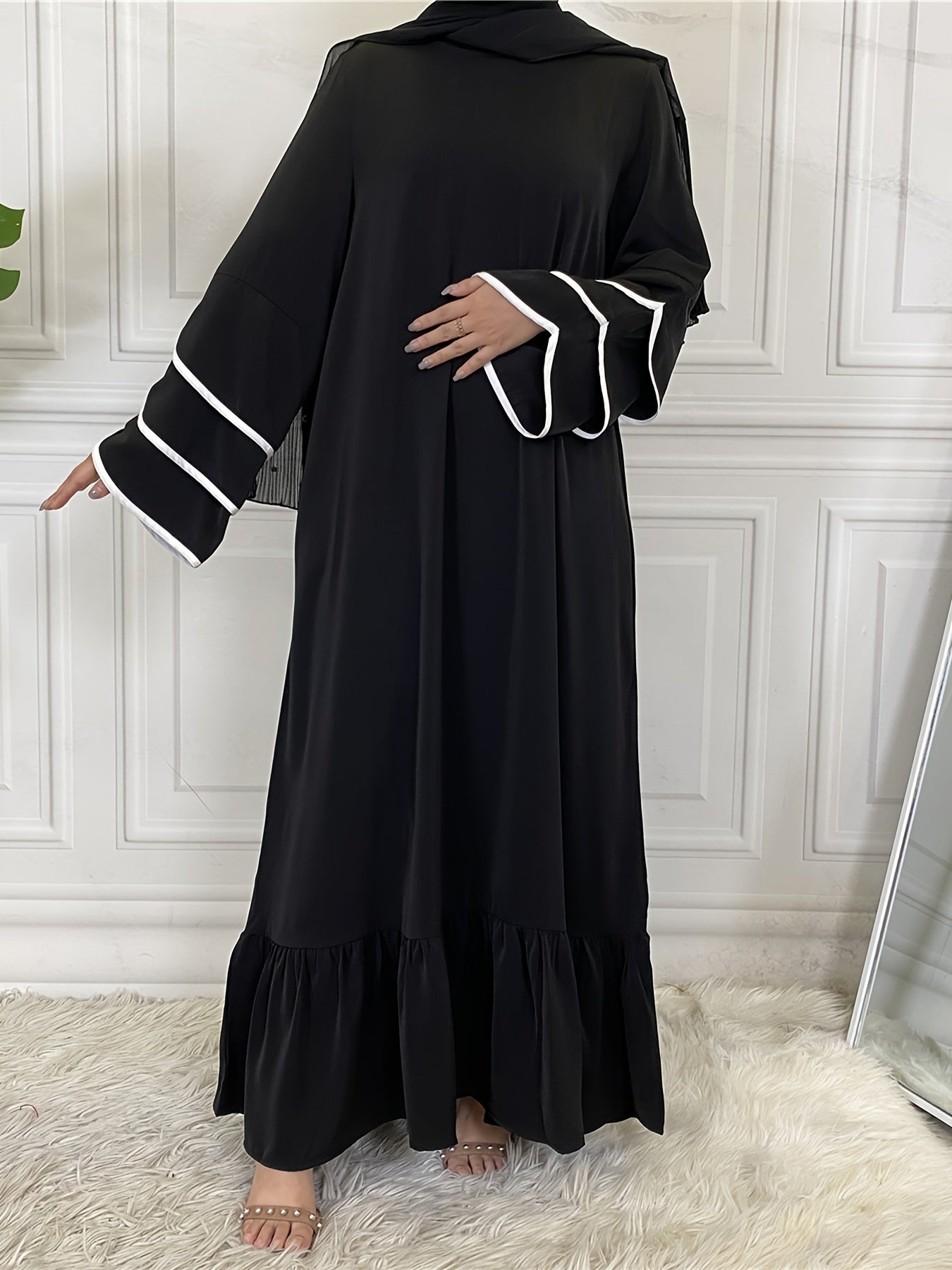 Women's Solid Muslim Petal Sleeve Crew Neck Loose Dress