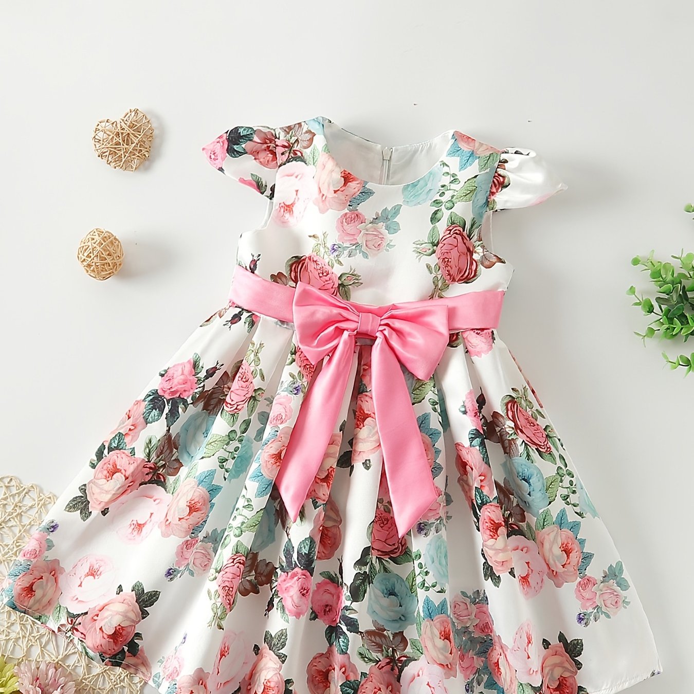 Elegant Cute Floral Print Dress with Bow Belt Decoration