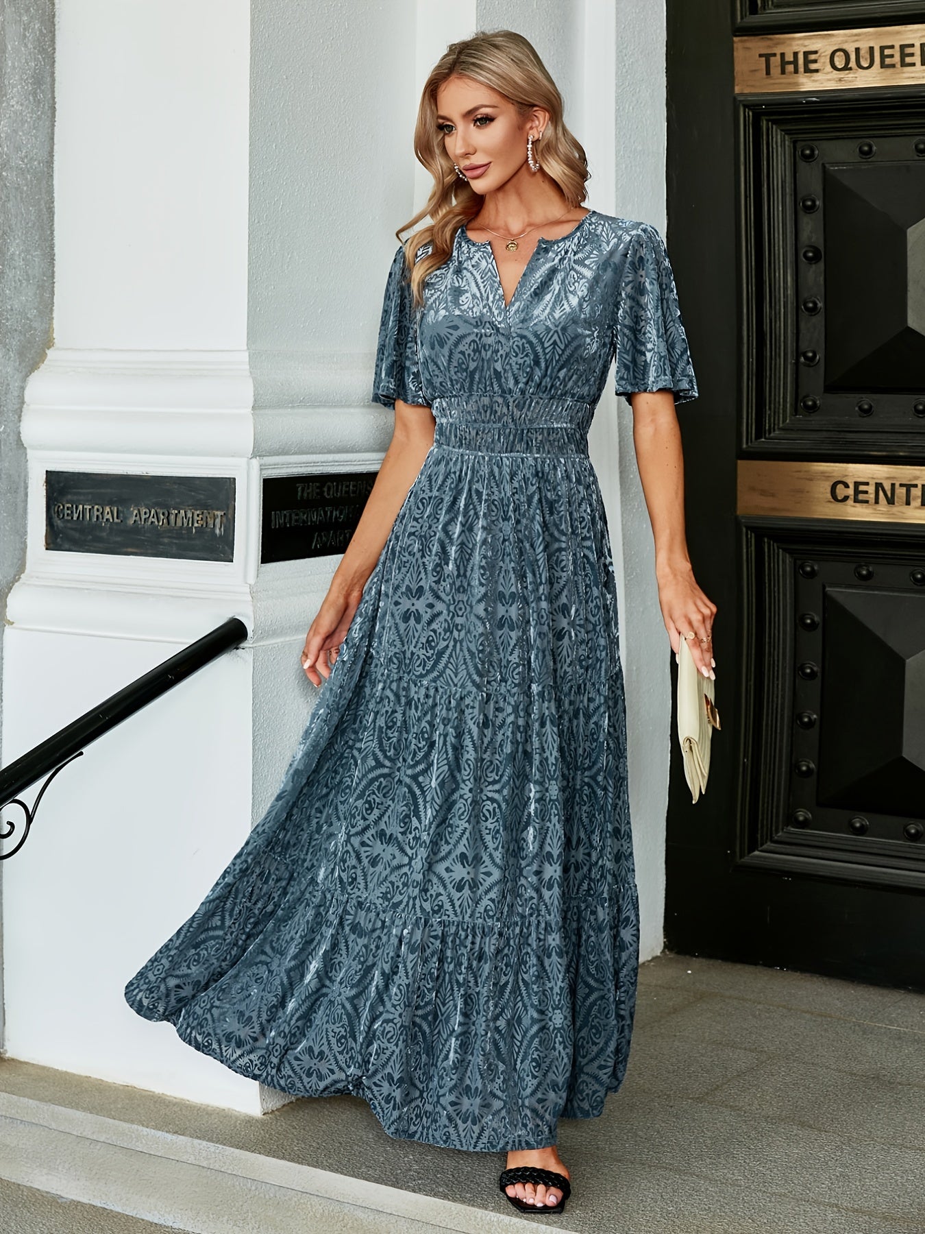 Solid V-Neck Short Sleeve Maxi Dress