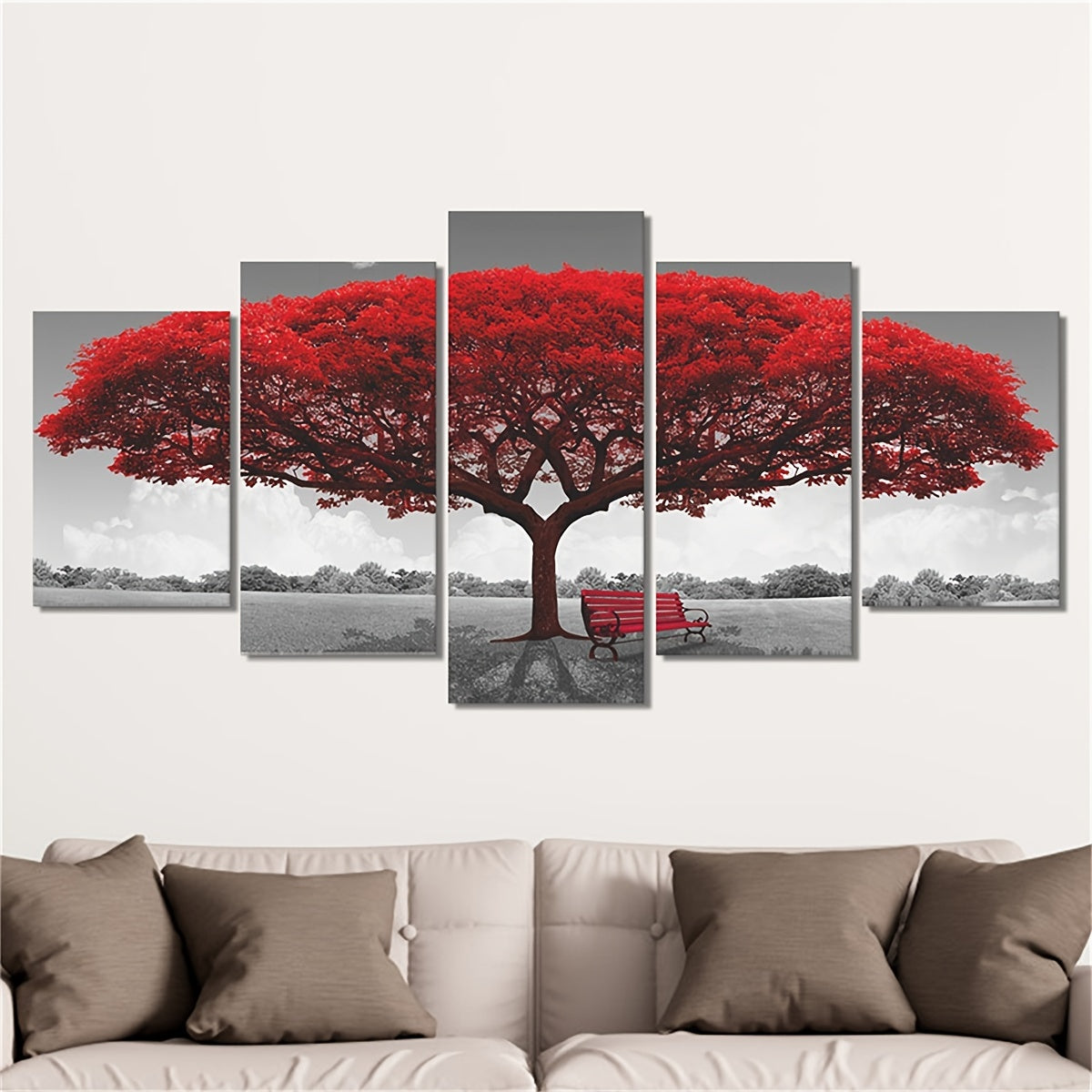 5pcs Frameless Red Benches Under The Big Tree Wall Art Painting Set