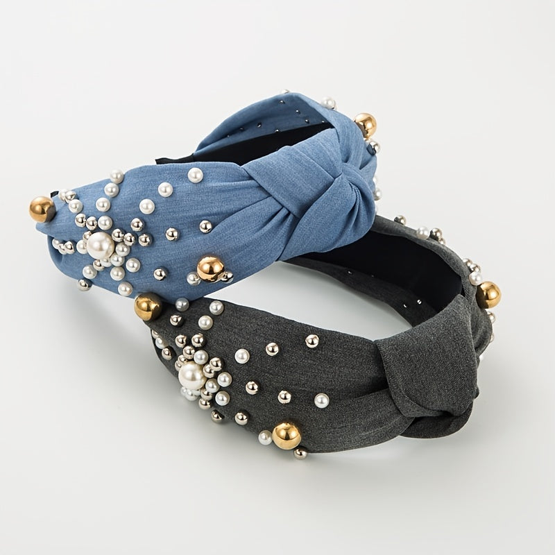 Fashionable Denim Headband with Faux Pearls and Wide Beads Bow