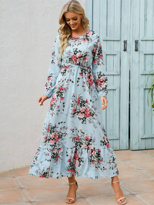 Floral Long Sleeve Maxi Dress: Long Sleeve Loose Crew Neck Dress, Casual Dresses for Spring & Summer, Women's Clothing