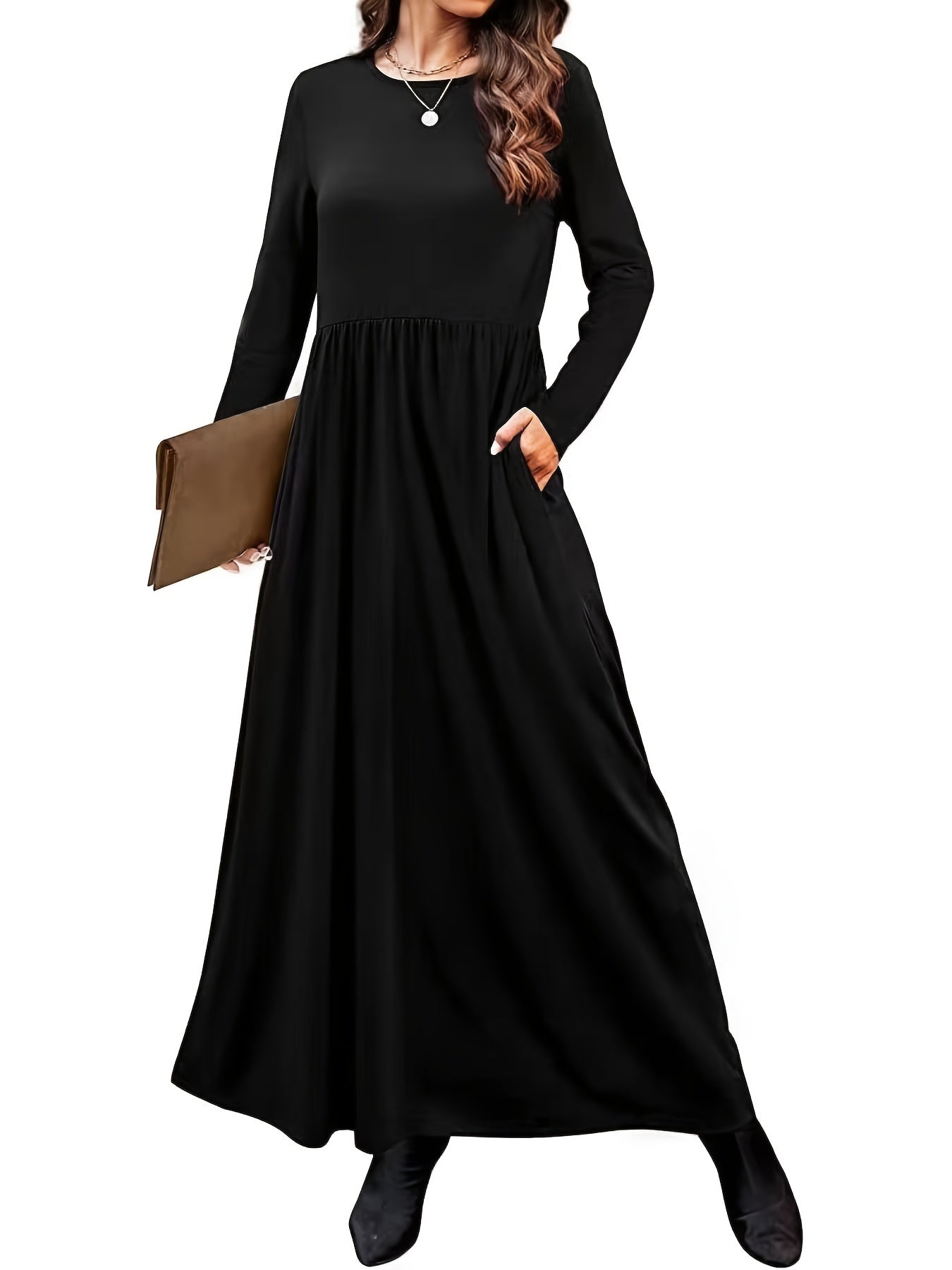 Solid Pocket Round Neck Long Sleeve Dress with Elegant Ruffled Hem High Waist Maxi Dress