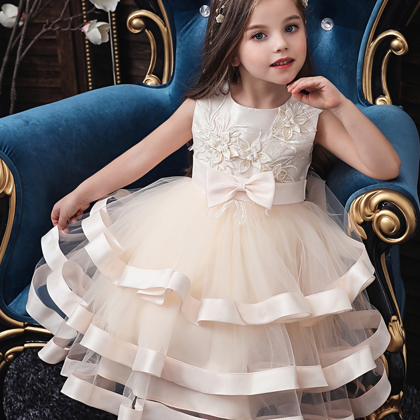 Elegant Princess Dress with Embroidery and Sleeveless Mesh Tutu