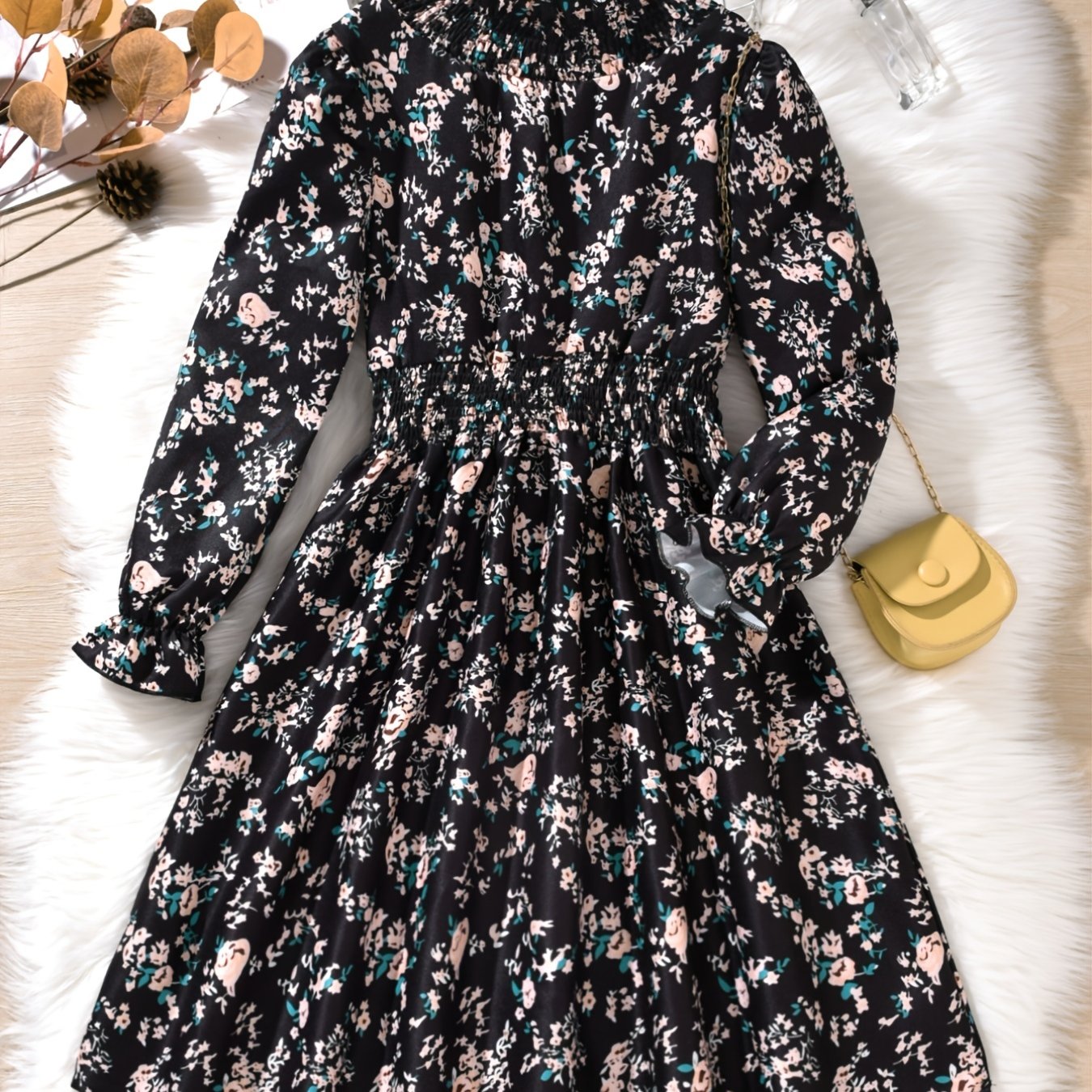 Ditsy Floral Print Long Sleeve Half Turtleneck Dress