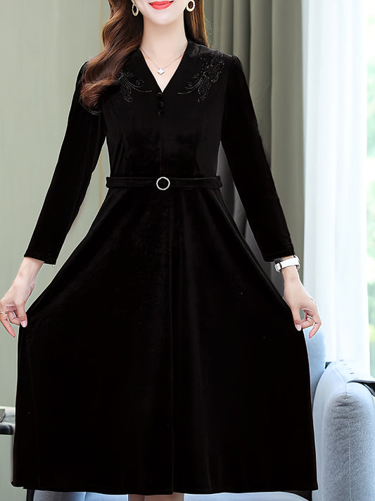 Women's Elegant V-Neck Velvet Large Swing Dress with Long Sleeves