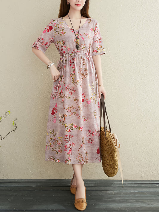 Women's Ethnic Cotton Linen Floral Print Maxi Dress