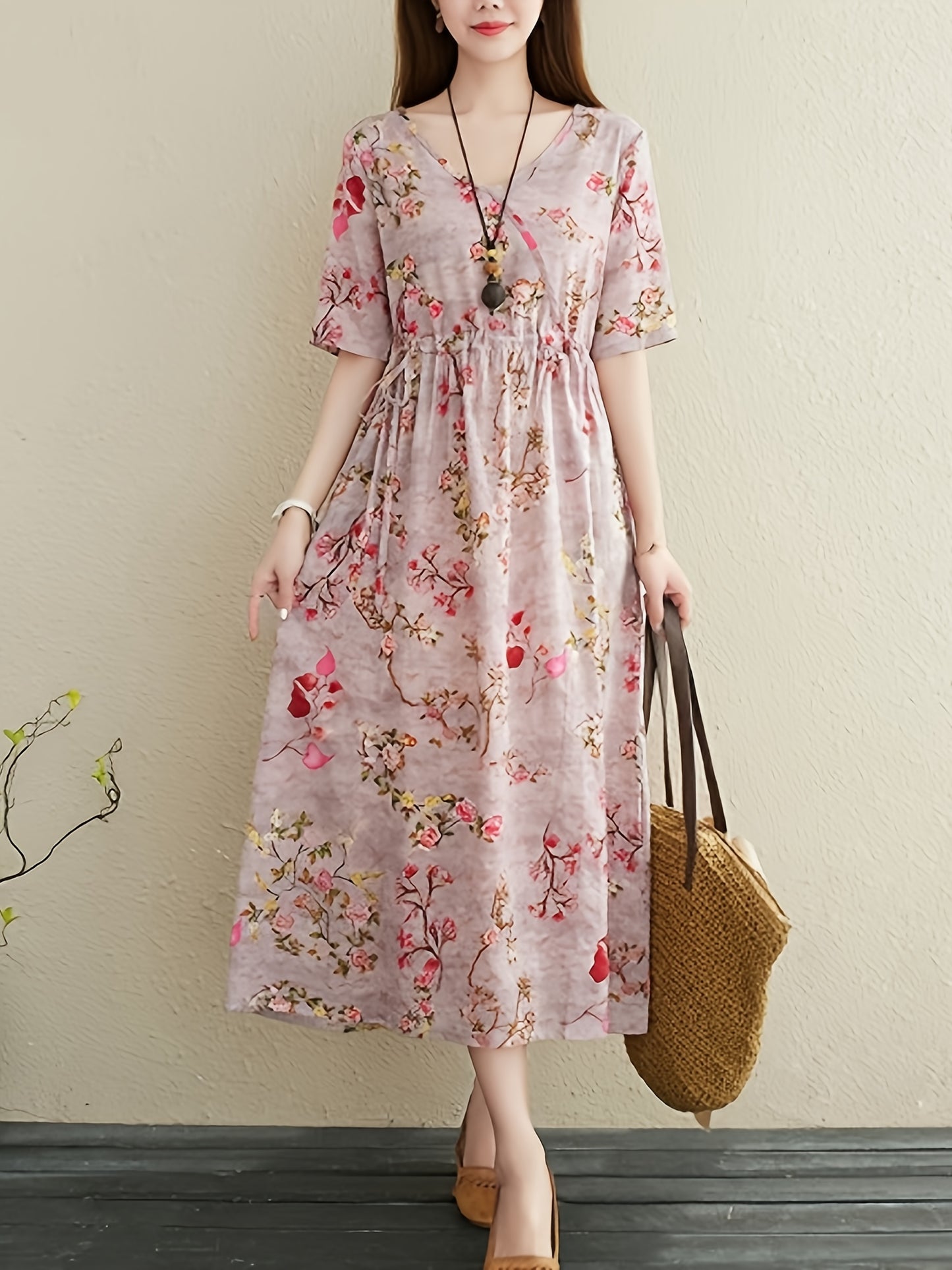 Women's Ethnic Cotton Linen Floral Print Maxi Dress