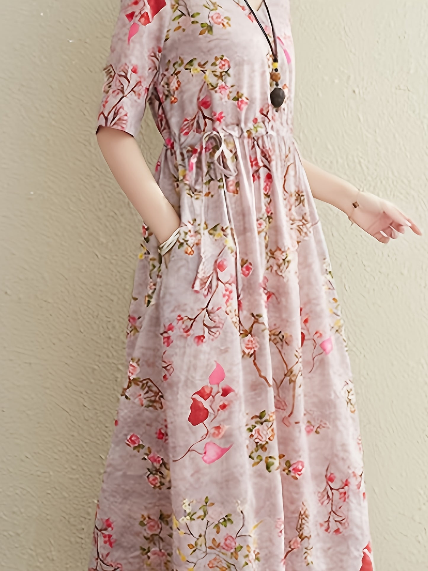 Women's Ethnic Cotton Linen Floral Print Maxi Dress