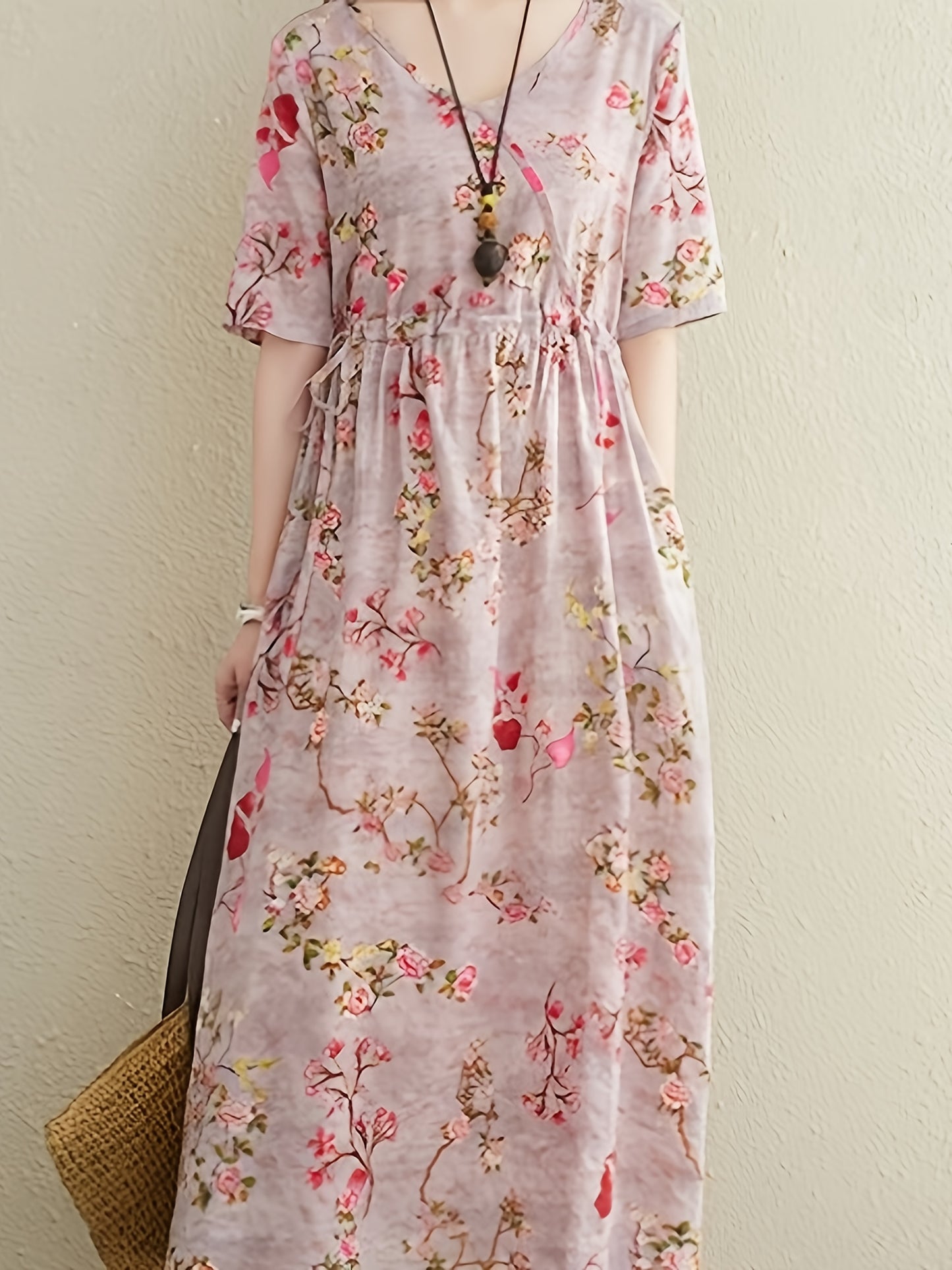 Women's Ethnic Cotton Linen Floral Print Maxi Dress