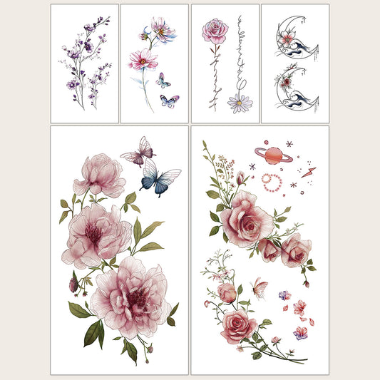 6-Piece Beautiful Flower Printed Body Tattoo Stickers