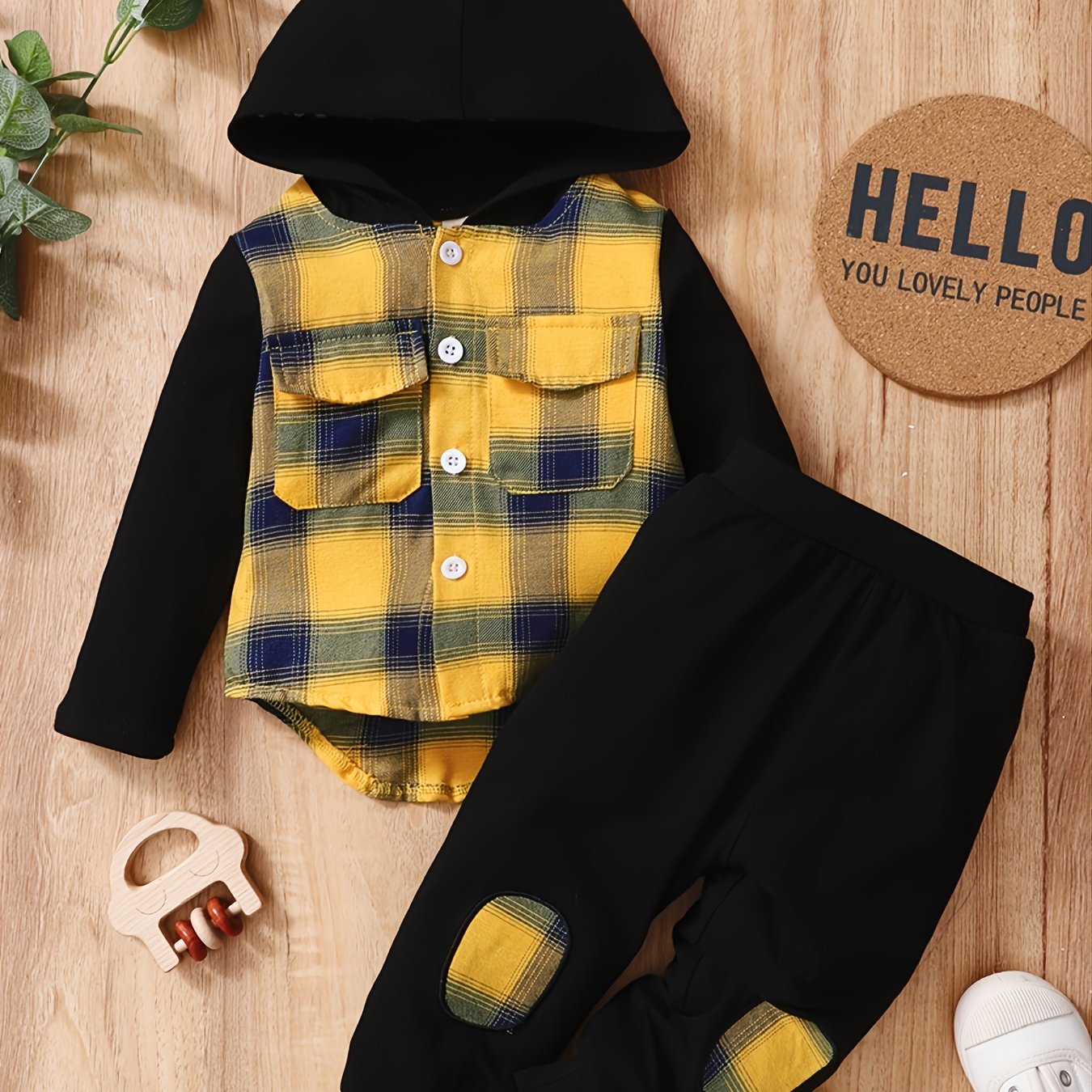 Hooded Plaid Top & Pants Set for Baby Boys