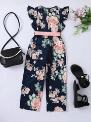 Girls Ruffle Butterfly Sleeve Floral Print Jumpsuit