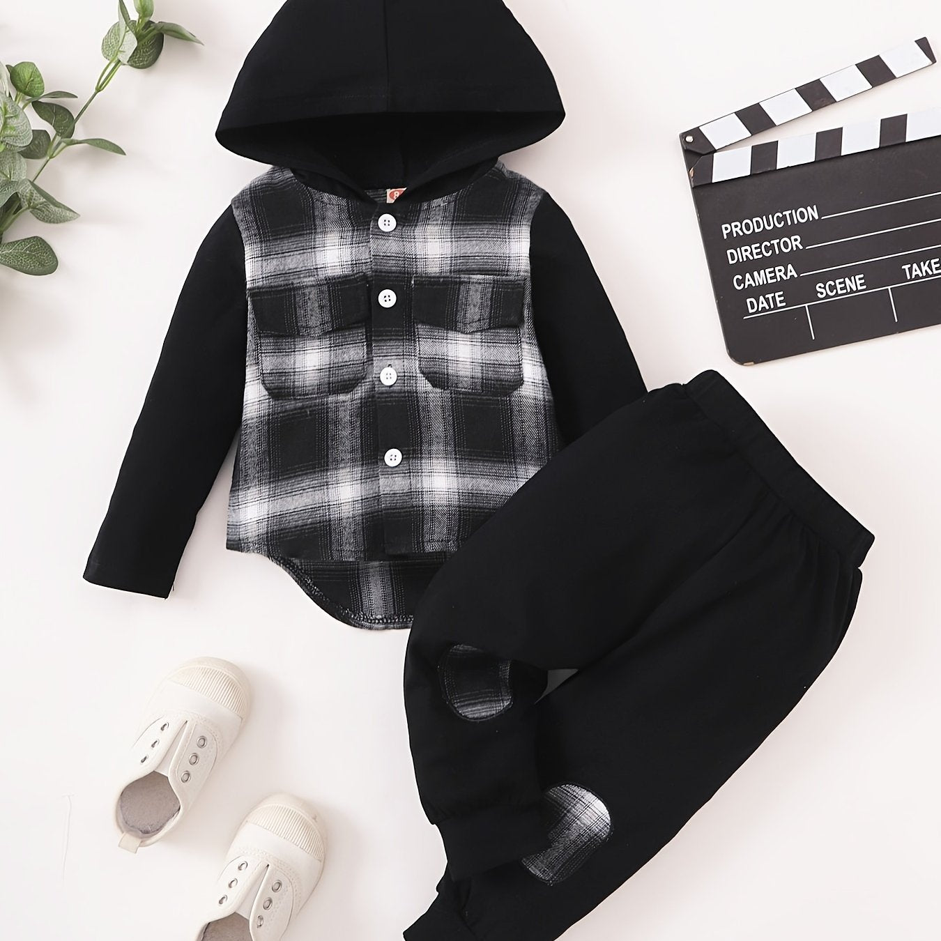 Hooded Plaid Top & Pants Set for Baby Boys