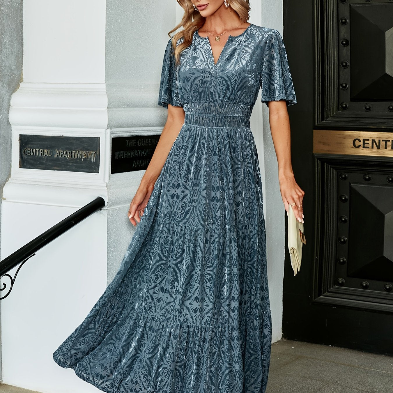 Solid V-Neck Short Sleeve Maxi Dress