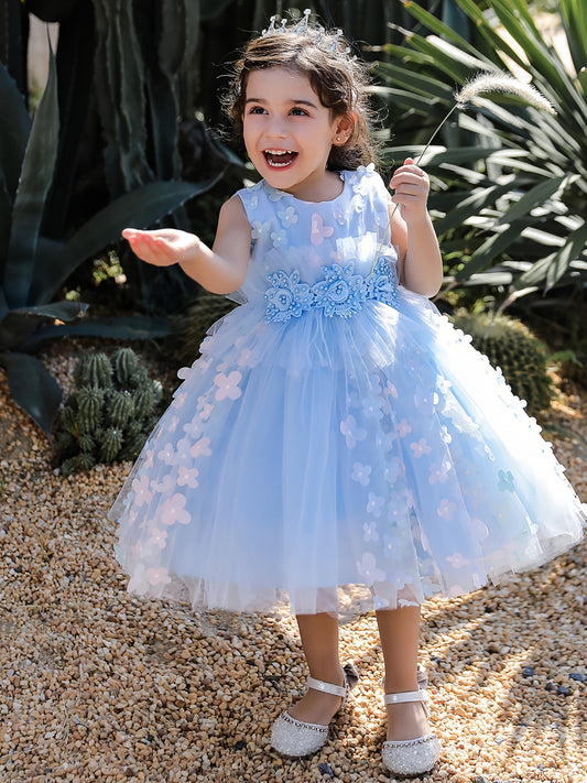 Girls Elegant Butterfly Decor Sleeveless Mesh Princess Dress