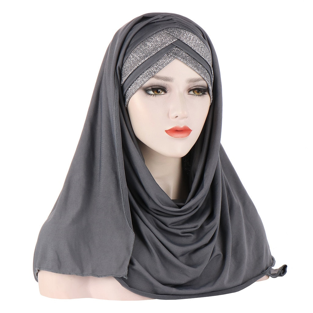 2020 New Sequins Glitter Forehead Cross Muslim Hijab Scarf