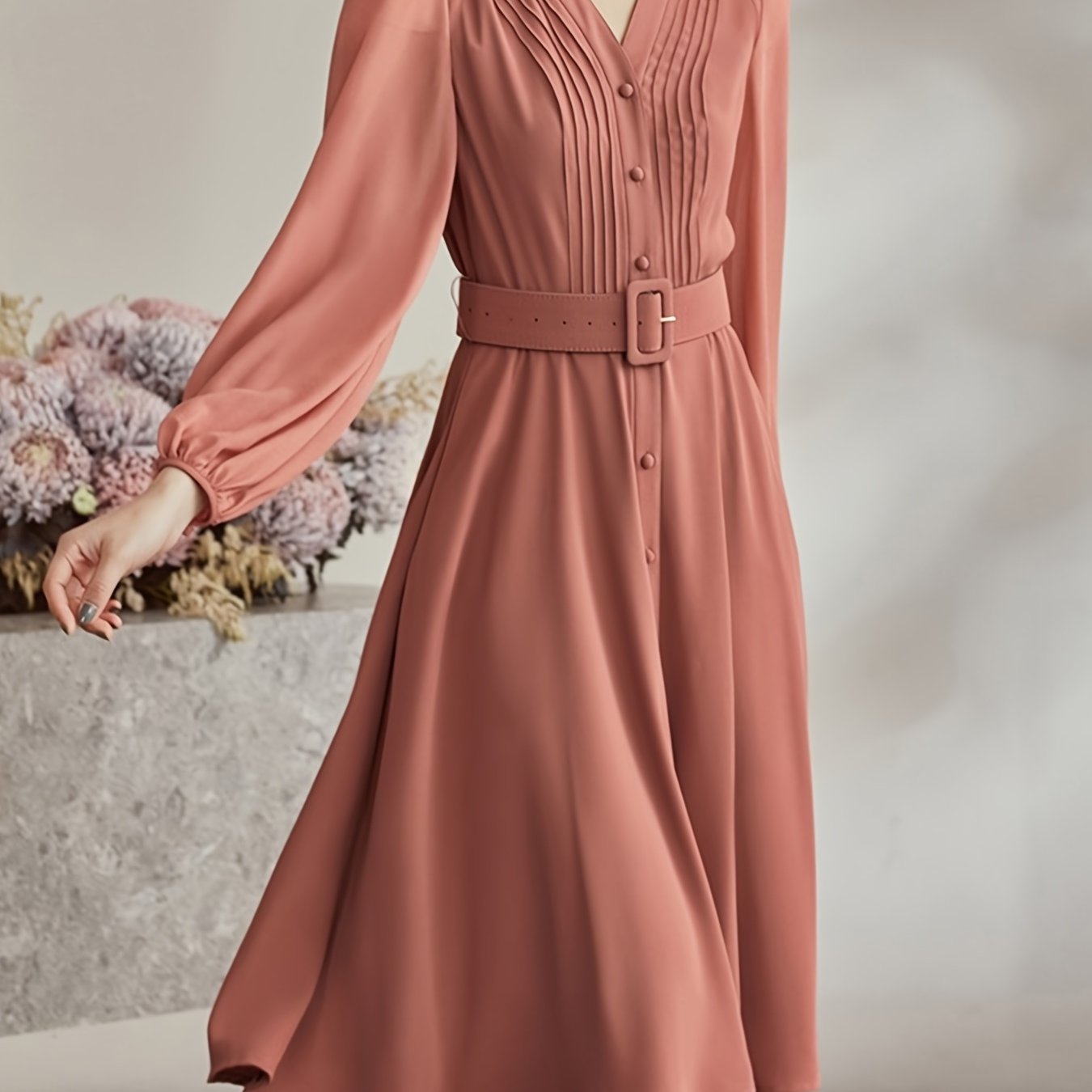 Women's Solid V Neck Stand Collar Long Sleeve Midi Dress