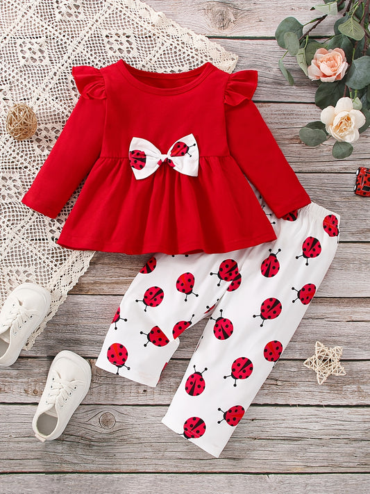 2pcs Baby Girls Flying Sleeve Top and Cartoon Ladybug Print Pant Set