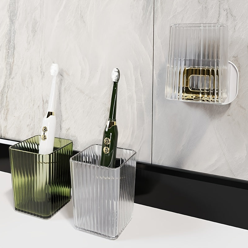 Wall-Mounted Toothbrush Cup Set - Punch-Free Bathroom Toilet Mouthwash Cup & Toothbrush Holder (Green and White)