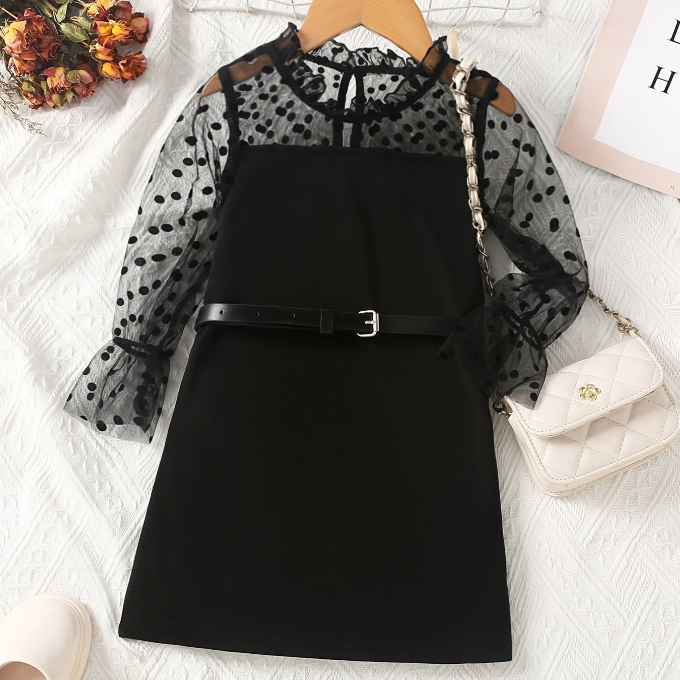 Girls Long Puff Sleeve Black Polka Dot Print Splicing Tulle Dress With Belt