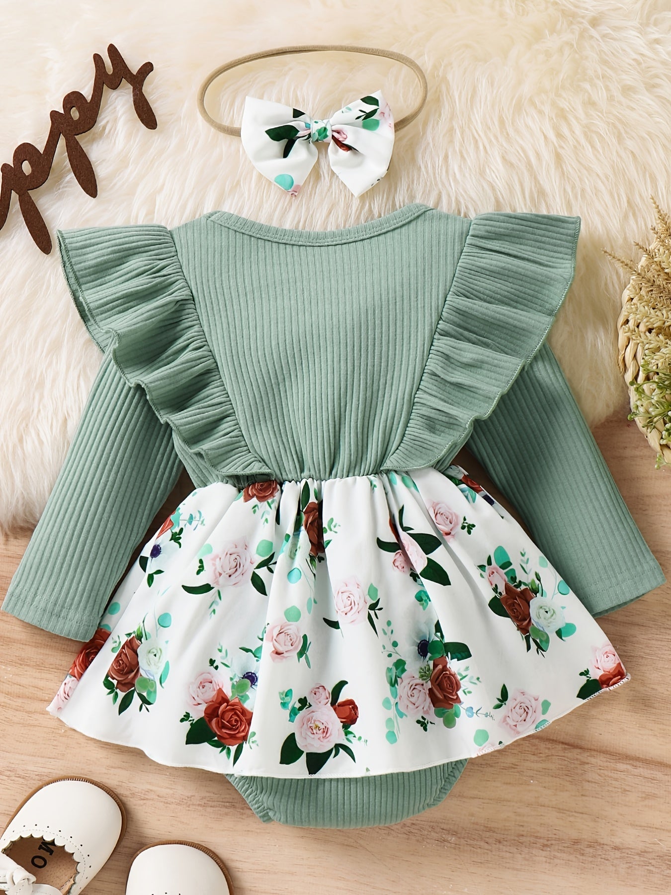 Newborn Infant Baby Girls Plaid Floral Dress Outfit