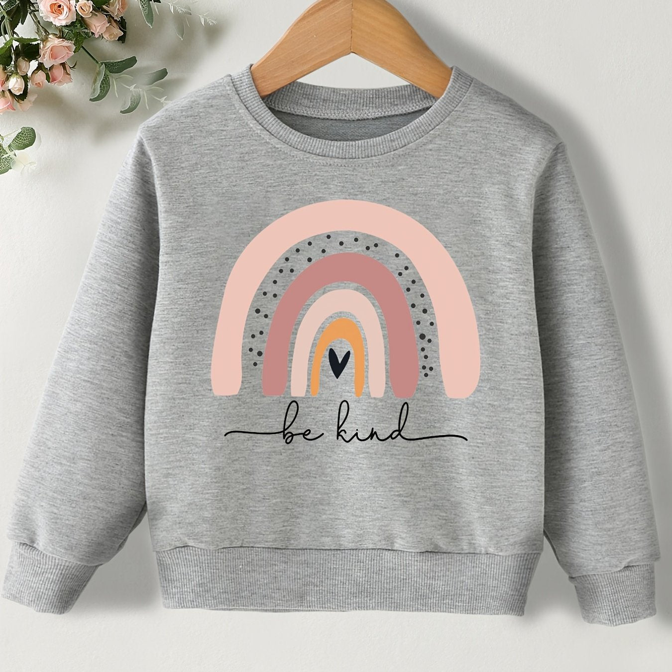 Girls Casual Cute Pullover Sweatshirt with Rainbow "Be Kind" Print