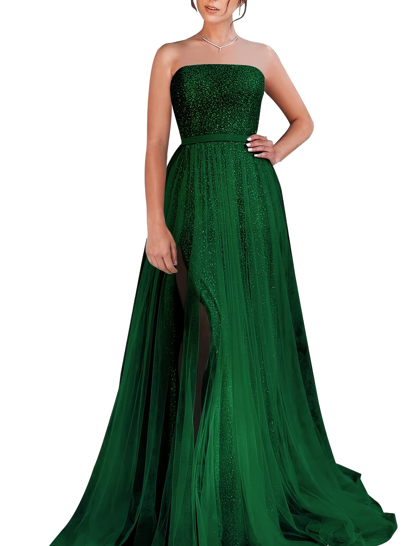 Strapless Sequins Prom Dress, Long Tulle Ball Gown Split Sparkly Formal Evening Party Gown For Women, Women's Clothing