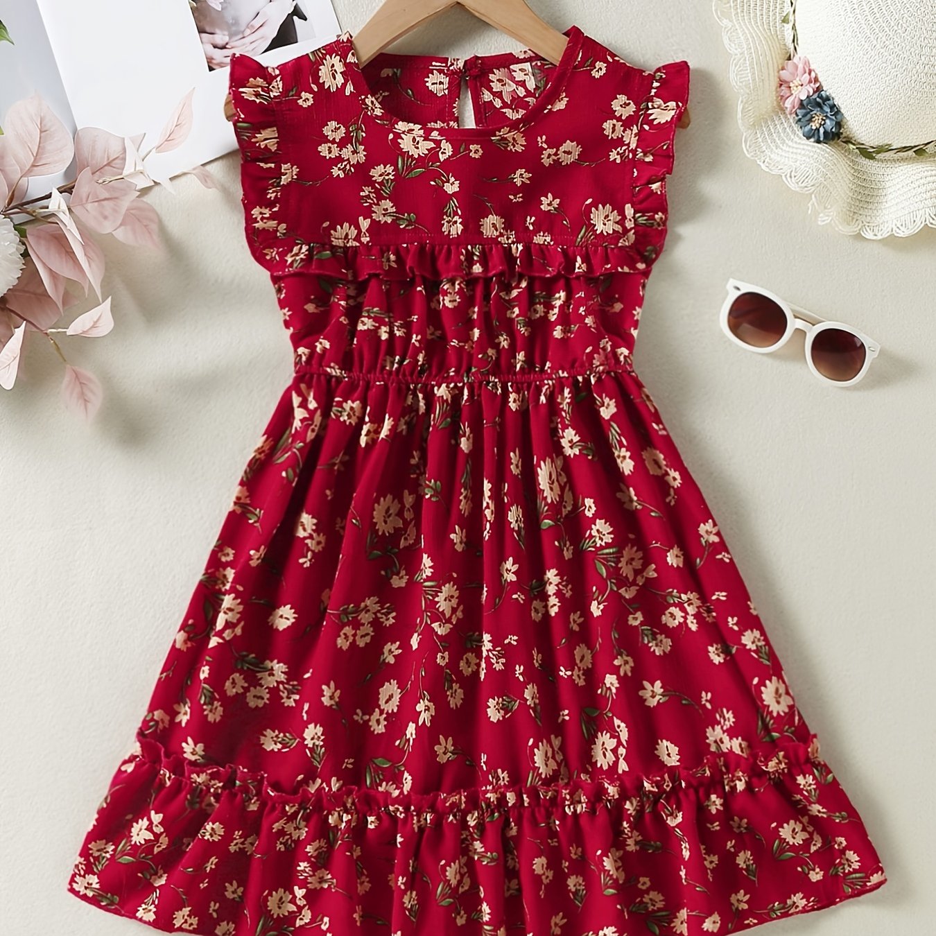 Girls Elegant Sweet Floral Ruffled Dress