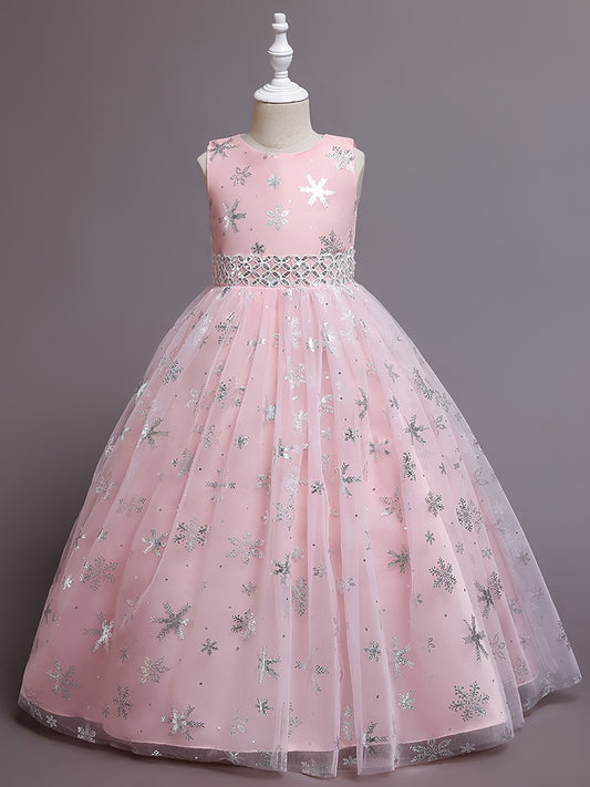 Girls Princess Dress with Mesh Hem and Snowflake Print