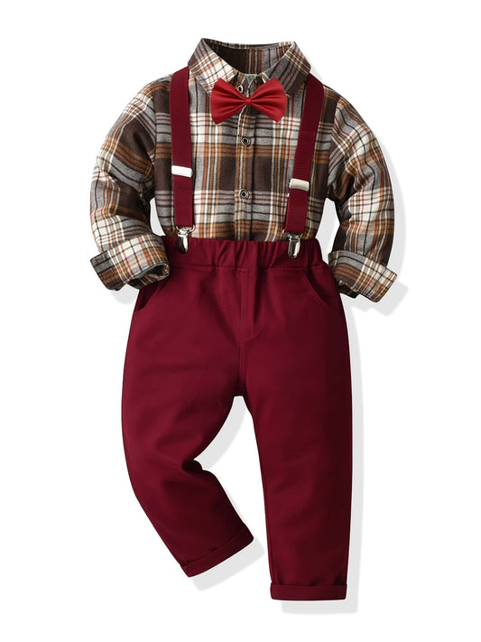 Boys Plaid Long-sleeved Shirt and Suspenders Pants Formal Gentleman Suit Outfit