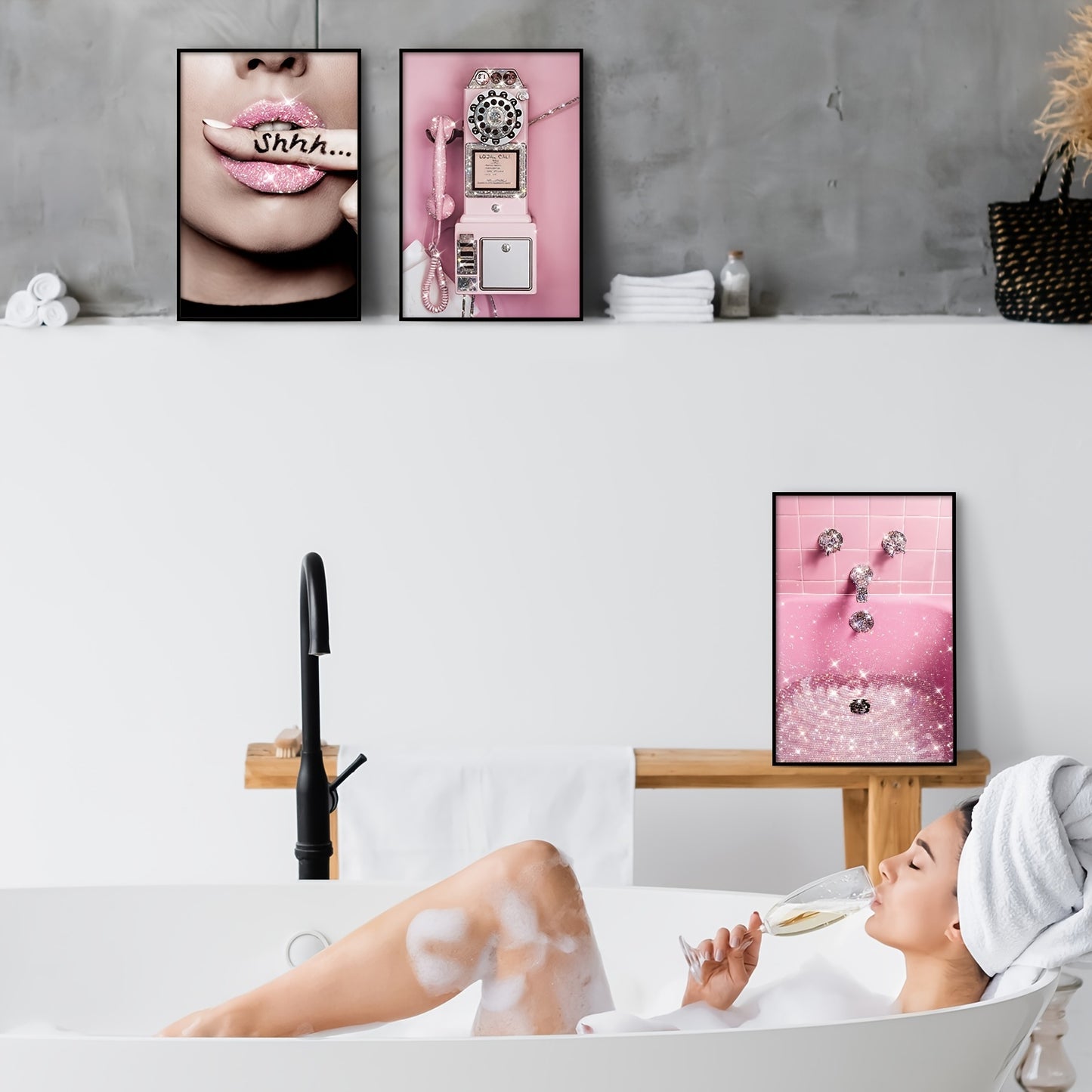 4PCS Glitter Pink Bathroom Wall Art Set