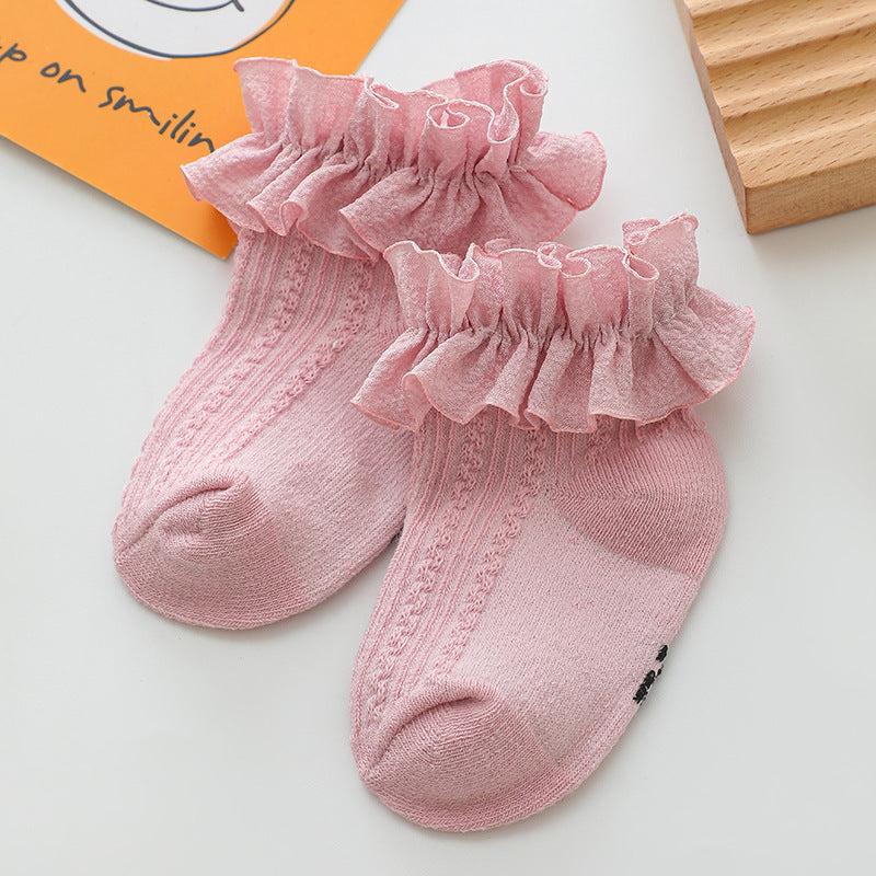 Toddler Girls Ruffle Lace Trim Solid Color Socks