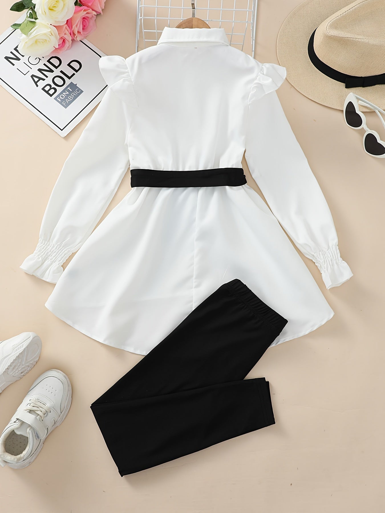 Cute Casual Elegant Shirt Dress with Belt & Leggings Set