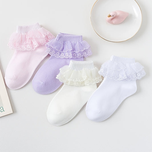 4pairs Girls Lace Decor Cotton Socks