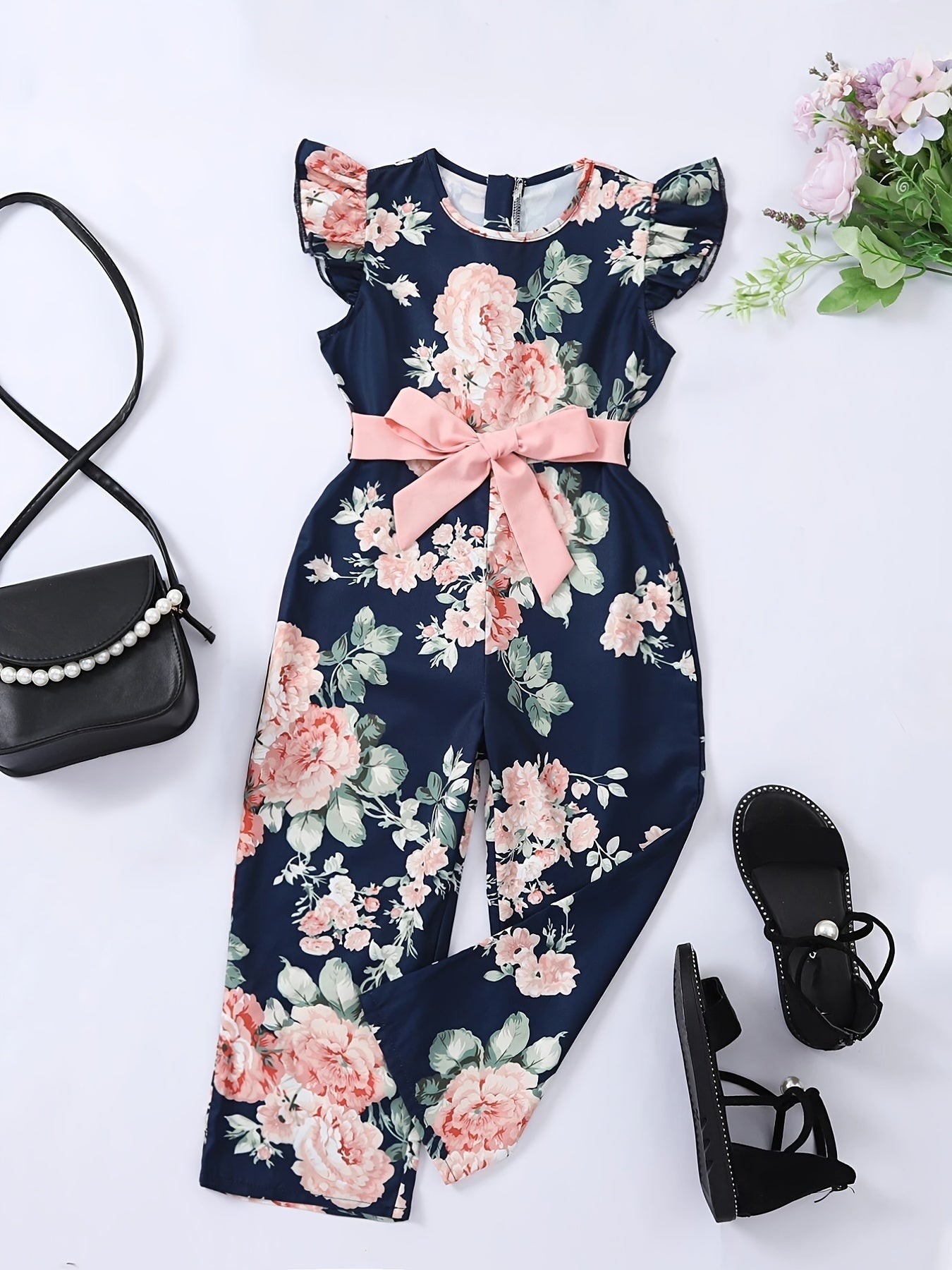 Girls Ruffle Butterfly Sleeve Floral Print Jumpsuit