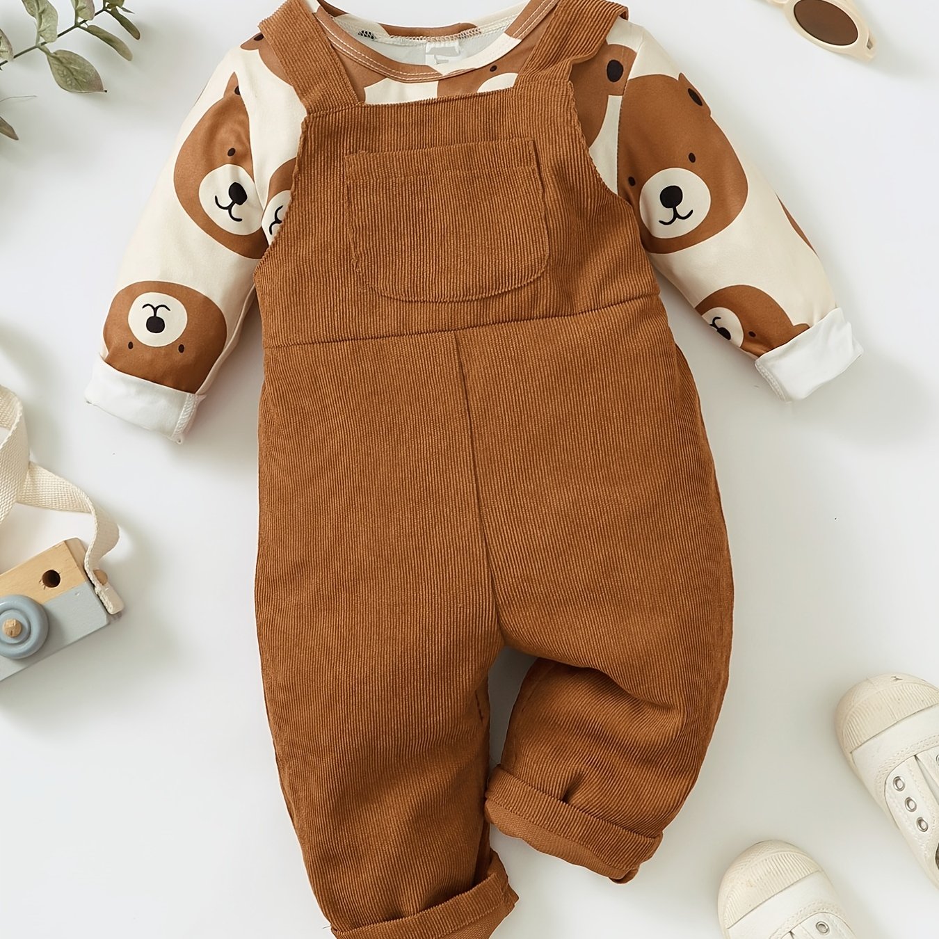 Bear Print Top & Overalls Set for Baby Boys