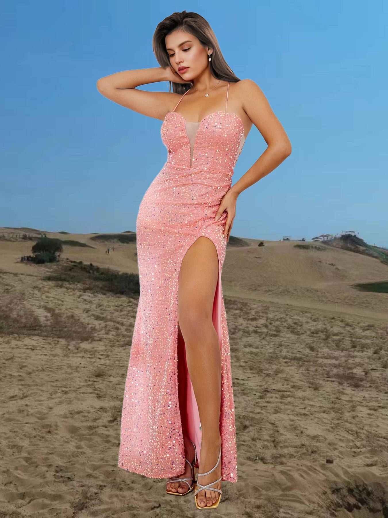 Spaghetti Straps Sequins Shinning Maxi Evening Party Dress