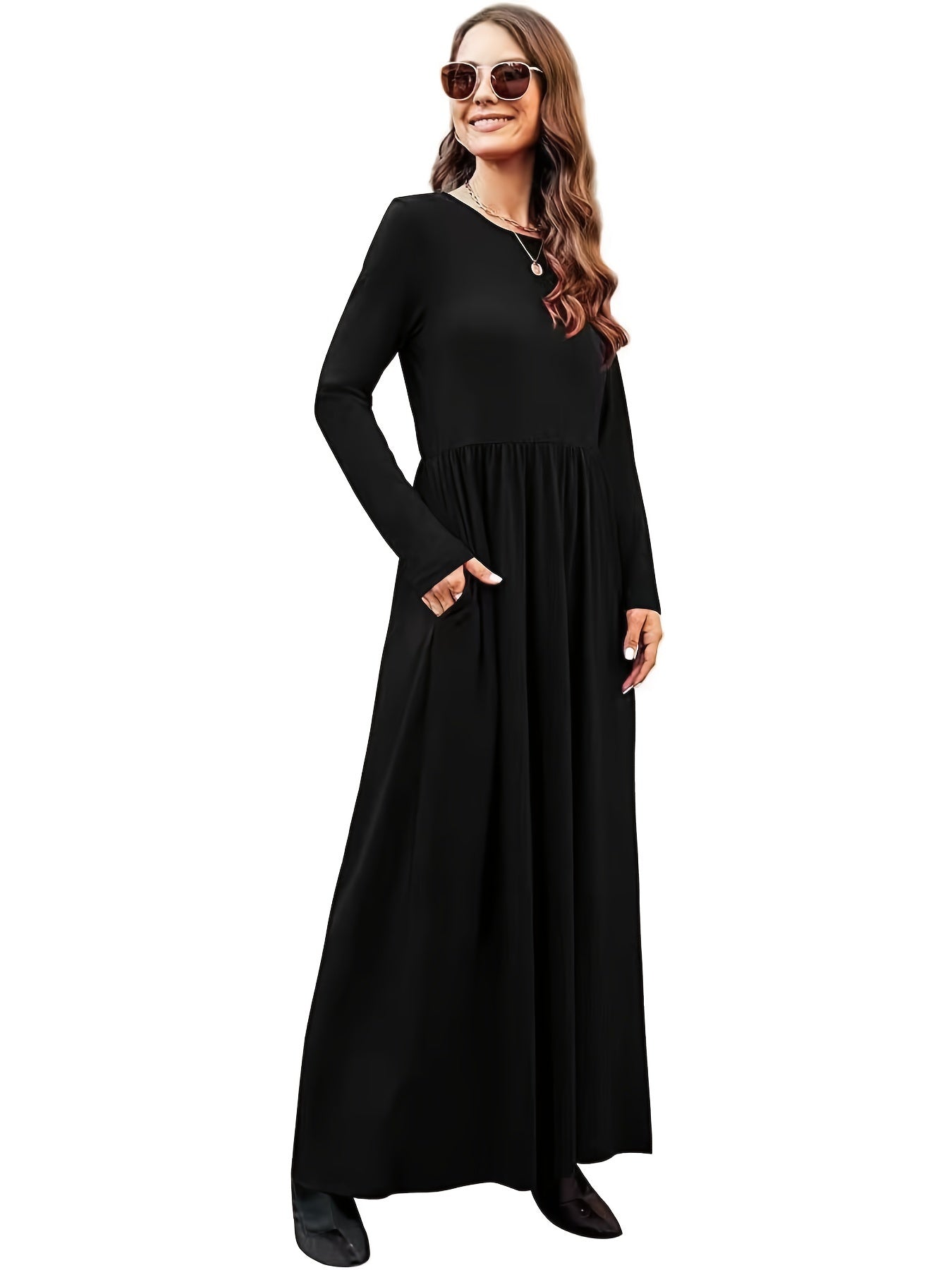 Solid Pocket Round Neck Long Sleeve Dress with Elegant Ruffled Hem High Waist Maxi Dress