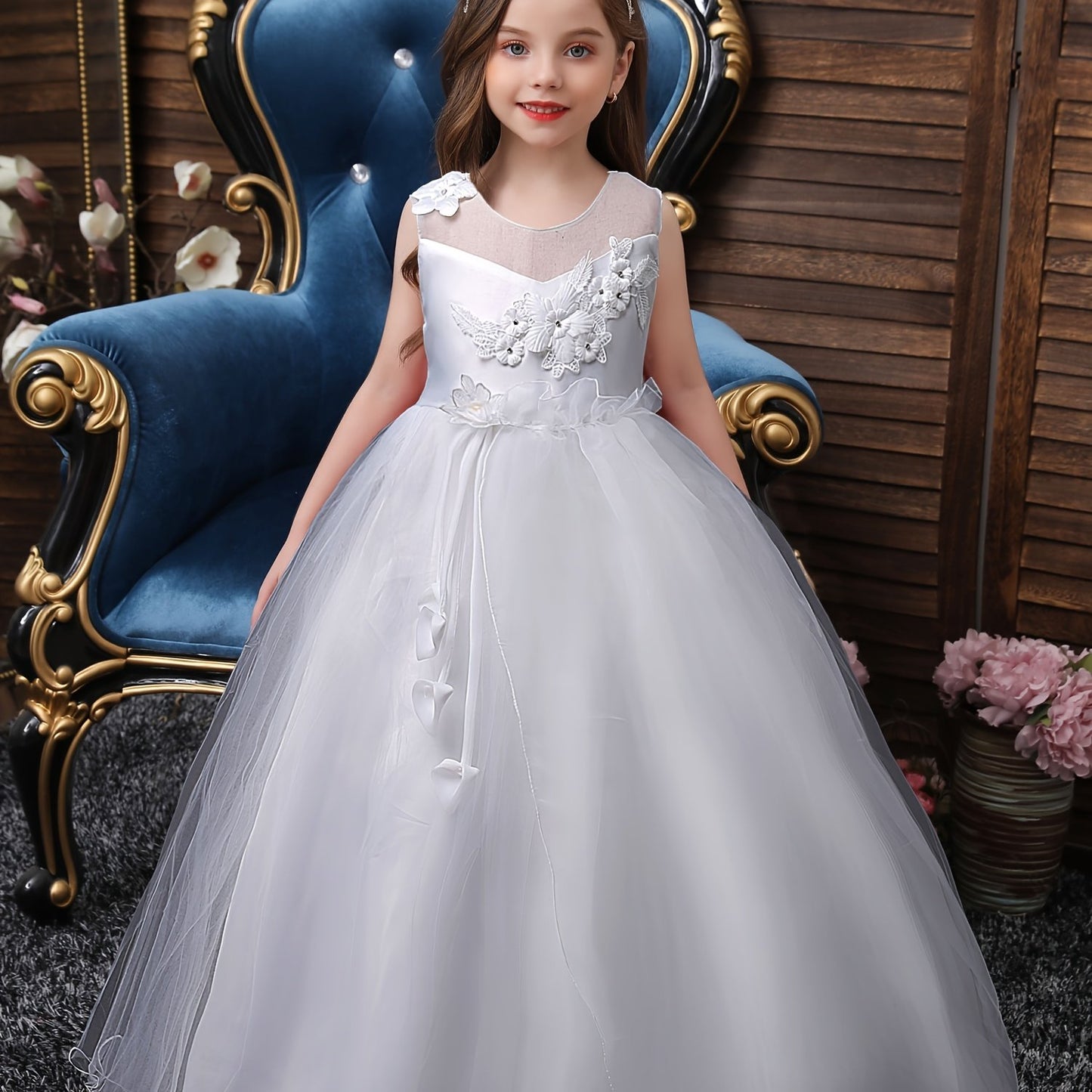 Girls Princess Sleeveless Flower Embroidery Tutu Dress