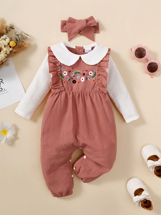 Newborn Infant Romper with Flower Embroidery