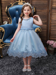 Girls Princess Sleeveless Tutu Dress with Flower Embroidery