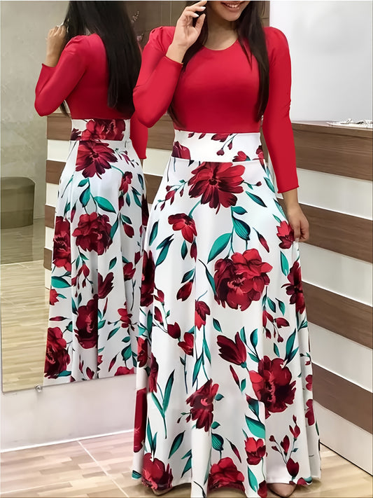 Plus Size Colorblock Floral Print Long Sleeve Maxi Dress